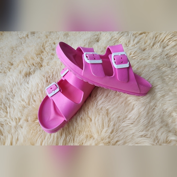 Birkenstock Pink Double Strap Slide Sandals with White Buckles - Picture 4 of 5